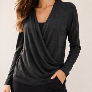 LUCY Charcoal Gray Uplifting Wrap Surplice Wool Blend Jersey Knit Top SZ Medium